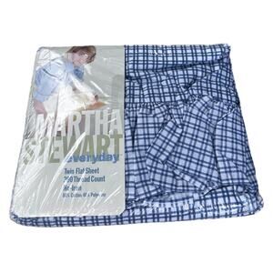 NIP Martha Stewart Twin Flat Sheet Blue Gingham Indigo Check 200 count Ruffled